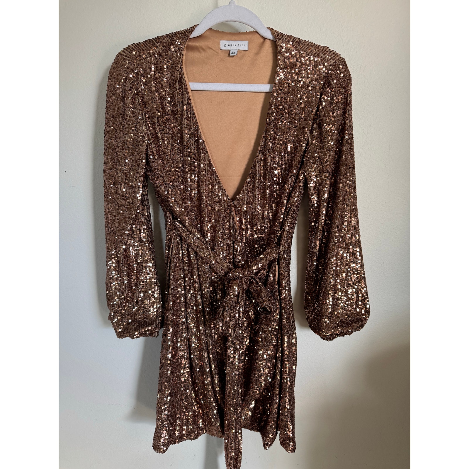 Gianni Bini Full Sequin Cocktail Dress Brown Rust Size Xs Puff Sleeve Tie Front